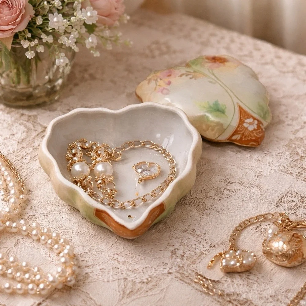 Vtg R.S. Suhl Heart Porcelain Trinket Box Floral Jewelry Dish Japan‎ 4.5
